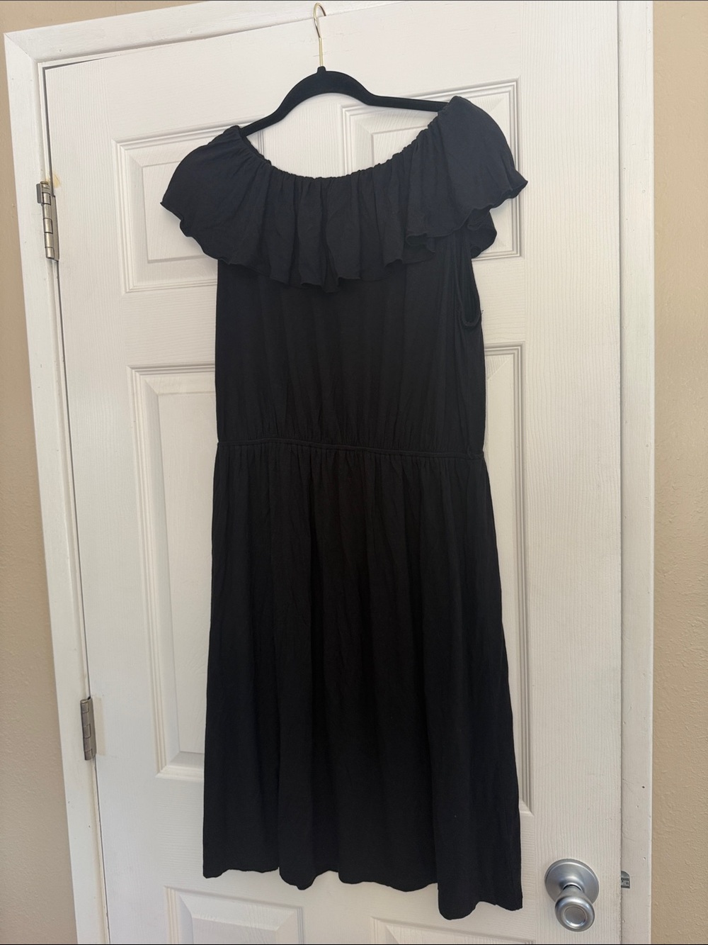 Madison Black Off-Shoulder Ruffle Midi Dress